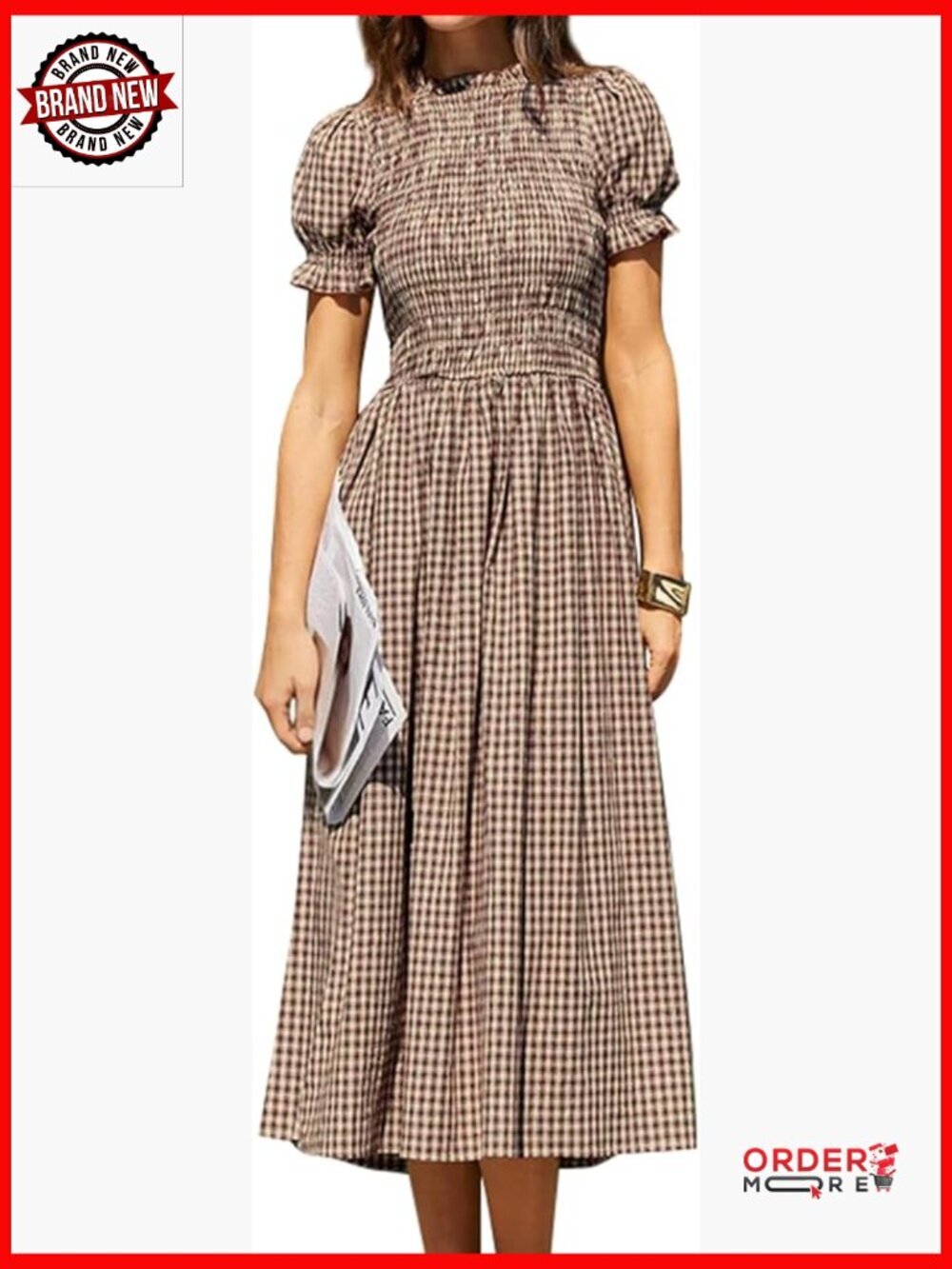 Women's Smocked A-Line Midi Dress Puff Sleeve Boho Flowy Sundress
